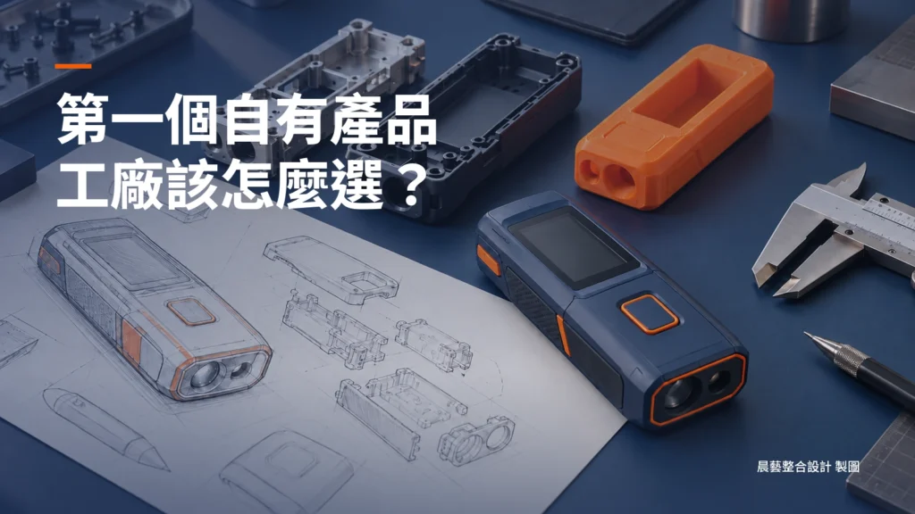 手持裝置、不同製程外殼樣品與草圖，搭配工廠第一個自有產品選擇的短標；AI概念示意。