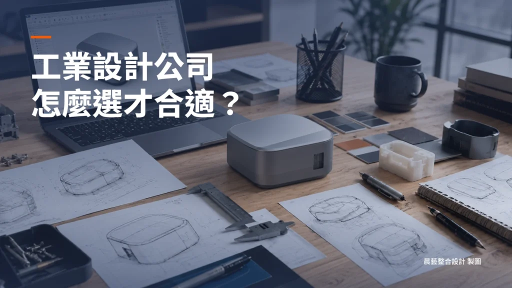 CAD筆電、外殼樣品、卡尺與草圖的產品設計工作桌，搭配工業設計公司選擇的封面短標。