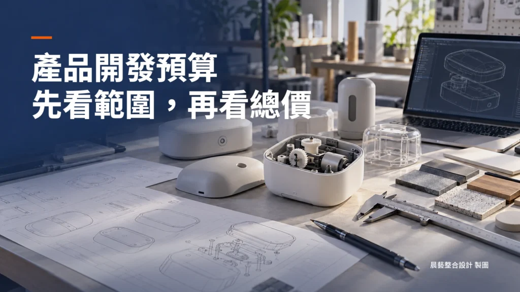 工程圖、產品樣品、機構零件與CAD工作桌情境，搭配產品開發預算的封面短標；AI情境示意。